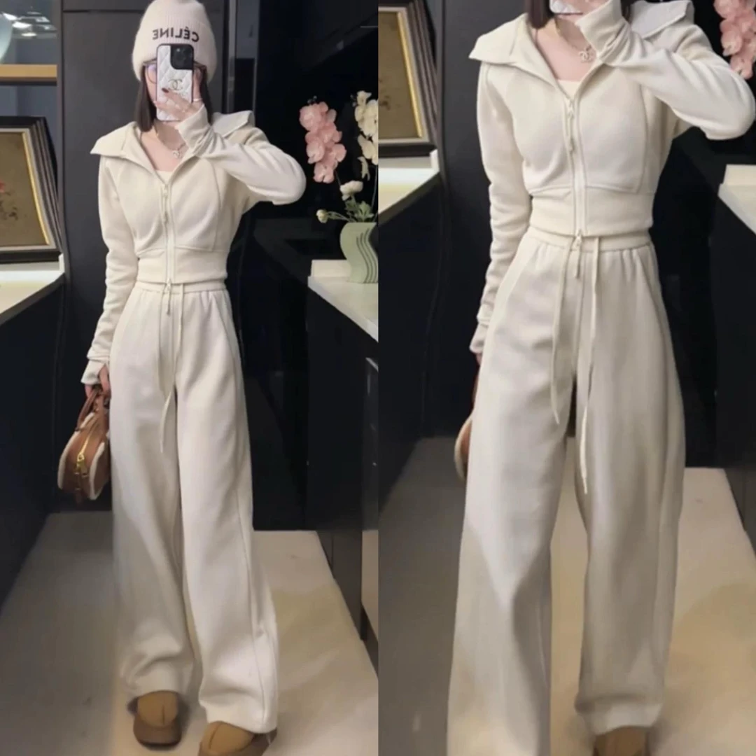 休闲运动风加绒连帽短款卫衣阔腿裤套装女2024秋冬新款显瘦两件套