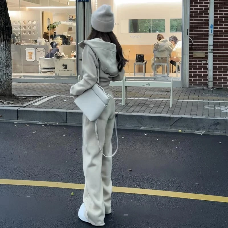 加绒欧货洋气时尚套装女冬季小个子设计感连帽卫衣外套抽绳两件套