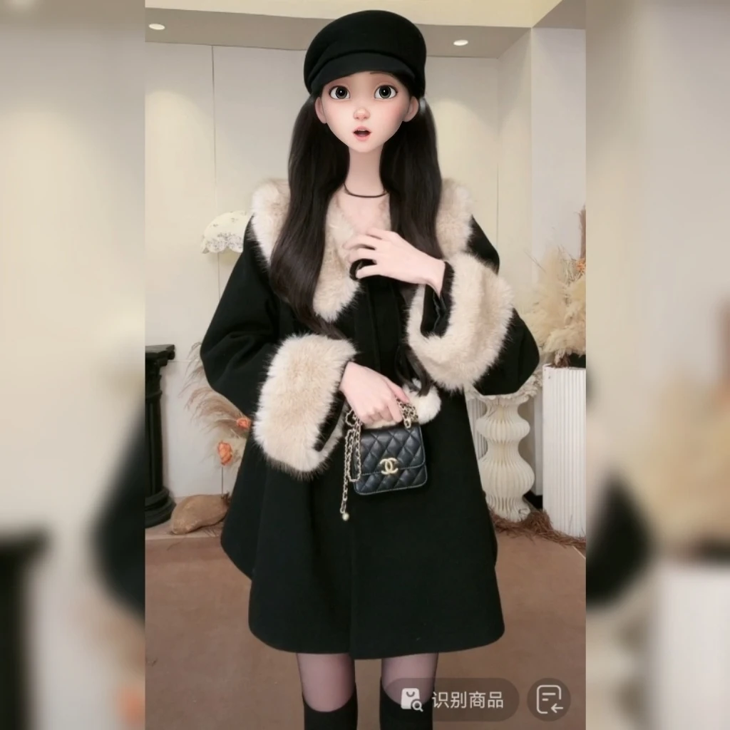 复古时尚小香风外套秋冬款毛毛领拼接可拆卸气质宽松A字毛呢大衣