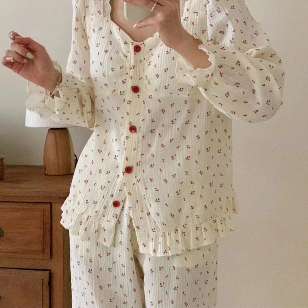 纯棉婴儿棉双层纱带胸垫长袖长裤方领春夏开衫气质薄款睡衣套装女