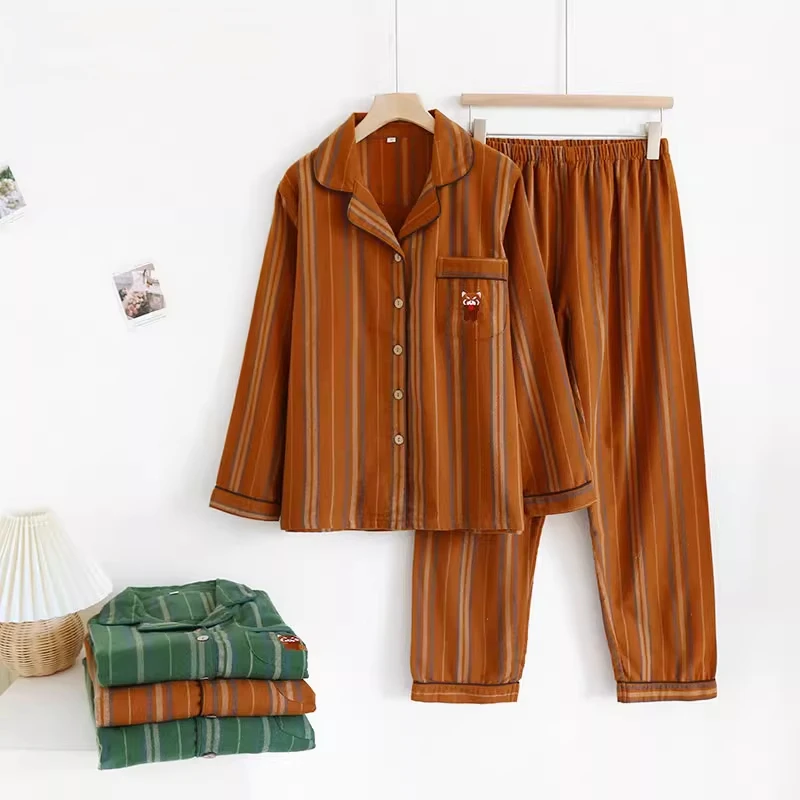 磨毛情侣睡衣女春秋冬季保暖长袖加厚条纹居家服男士家居服套装