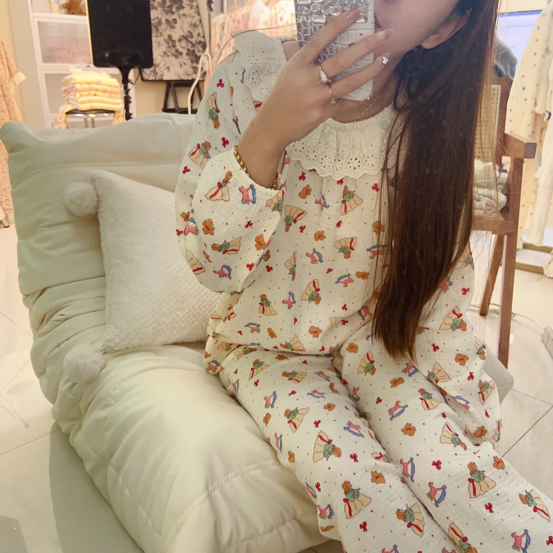 春夏套头花边领睡衣女泡泡纱纯棉家居服夏季薄款水洗皱布套装蕾丝