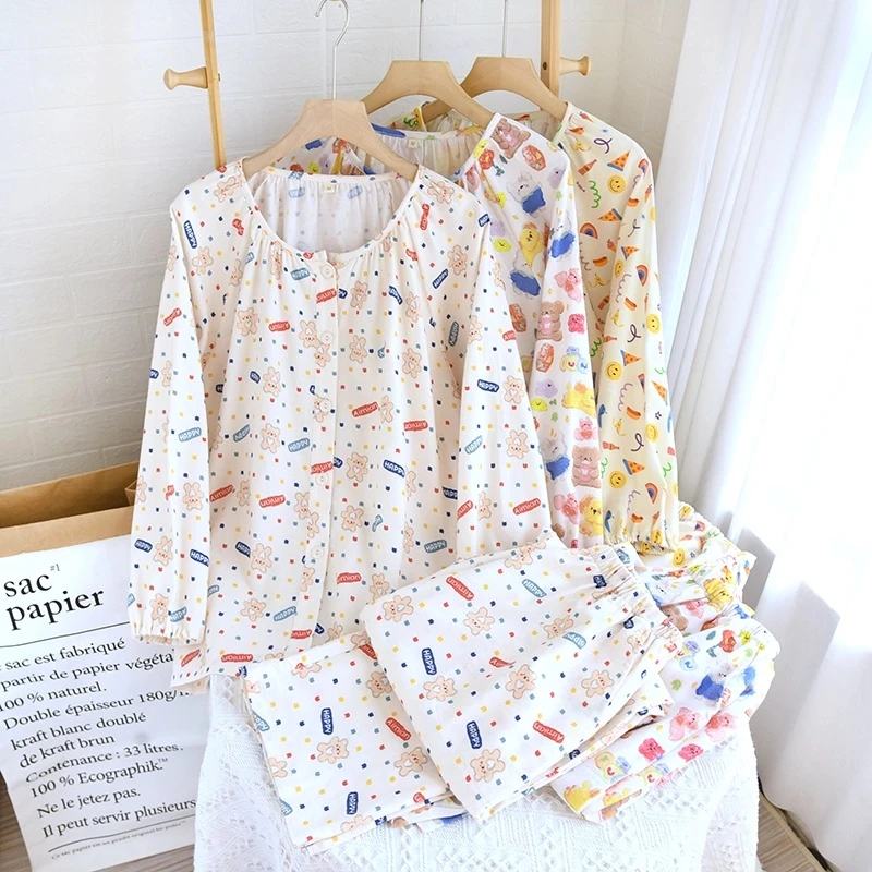 春秋女款圆领长袖纯棉磨毛绒布舒适宽松大码甜美可爱睡衣家居服套