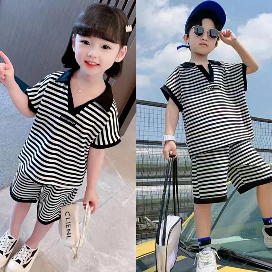 男女童套装2025夏装新款休闲超薄舒适韩版条纹洋气两件套F0007
