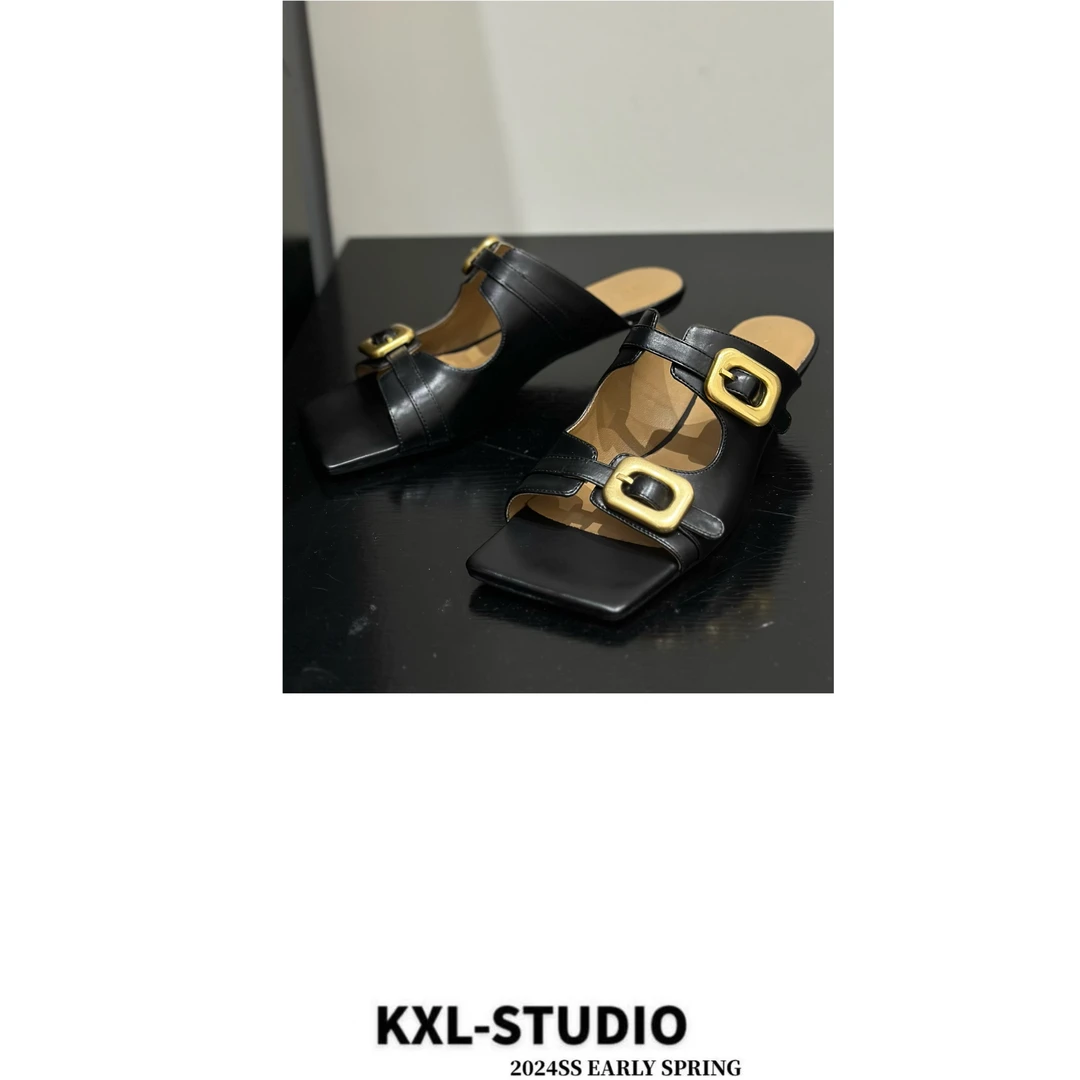 KXL-STUDIO【KELE精选】复古金属方扣牛皮凉拖鞋2973-8F1
