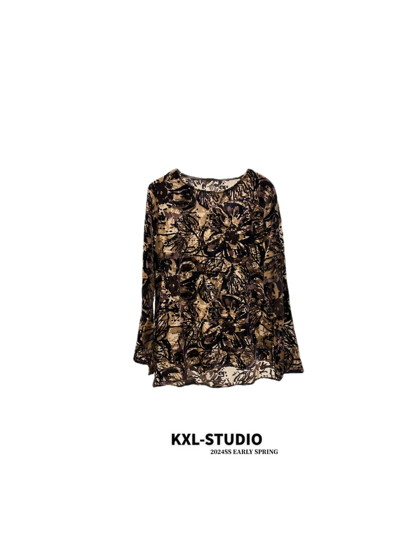 KXL-STUDIO【KELE精选】法式复古｜印花丝绒上衣68045