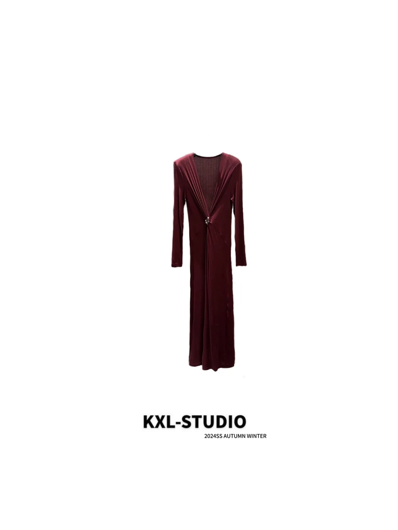 KXL_ STUDIO 结饰细节｜温莎酒红V领开叉连衣裙212