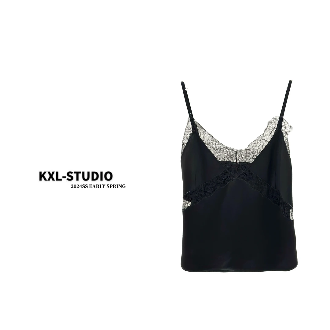 KXL-STUDIO“蕾丝贴身细肩带醋酸背心新品8613
