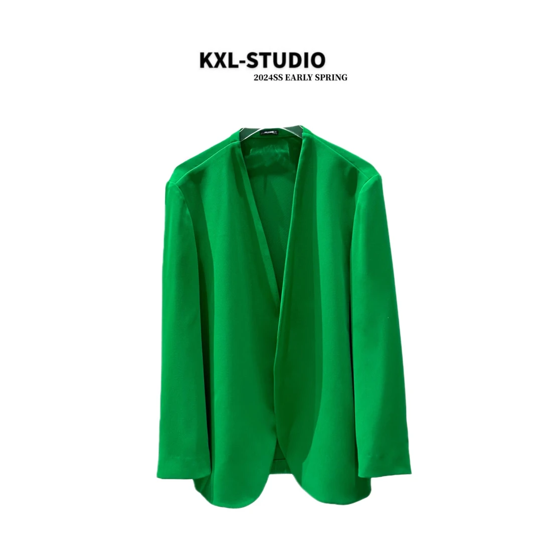 KXL-STUDIO【KELE老粉必入】漫野绿意｜极简松弛V领发财绿外套9024