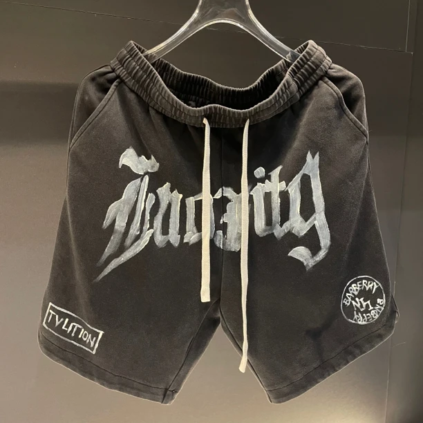 夏季潮牌休闲涂鸦抽绳短裤男运动卫裤重磅潮流美式宽松五分中裤子