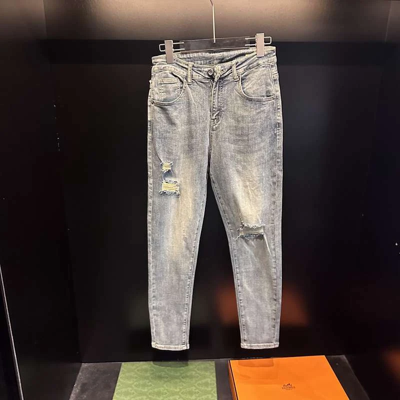 2023夏季新款男士休闲弹力时尚水洗修身百搭牛仔裤子裤潮流常规