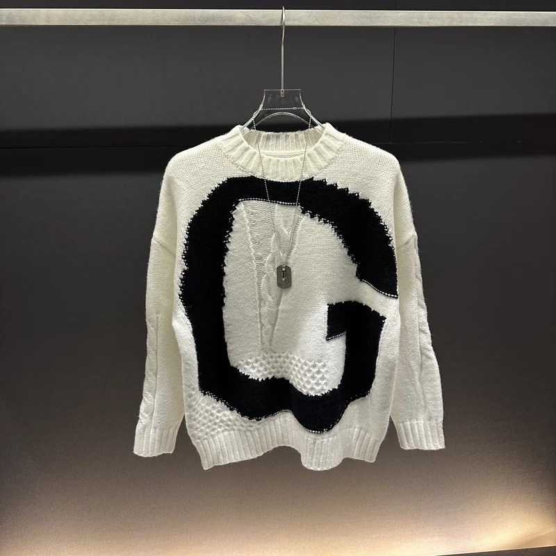 秋冬慵懒风针织衫圆领百搭潮流毛衣宽松休闲长袖白色提花
