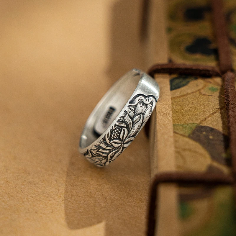 足银戒指 999纯银莲花复古戒指男女超宽情侣国风自律开口可调节