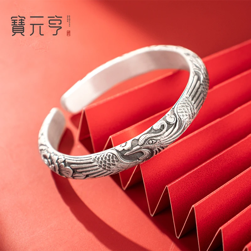 足银手镯 足银999手工雕刻牡丹花银镯子 凤穿牡丹纯银开口手镯