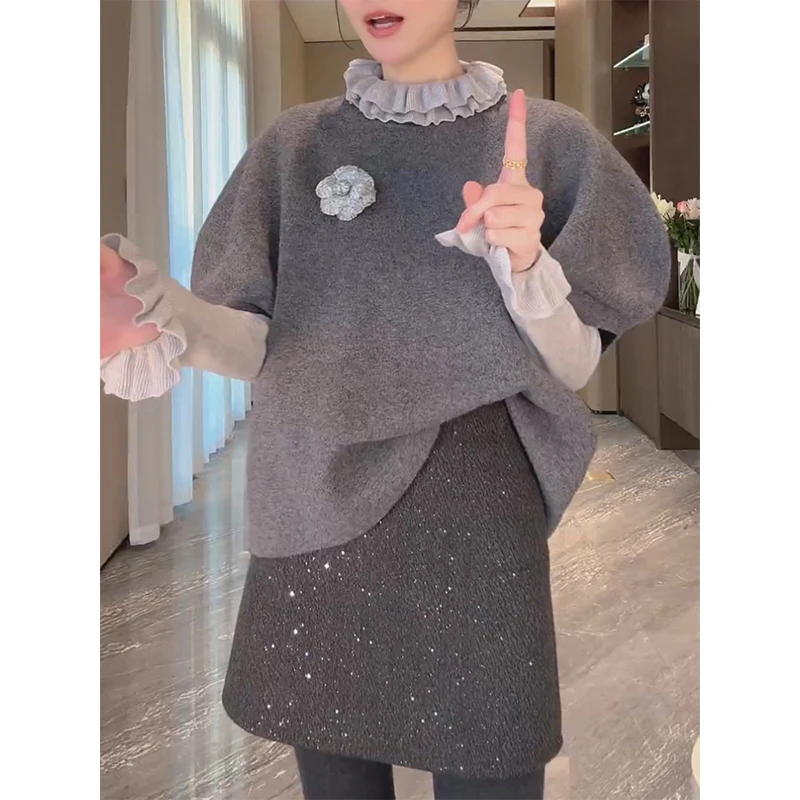 法式荷叶领灰色针织打底小衫女秋冬新款上衣高级感灰色马甲两件套