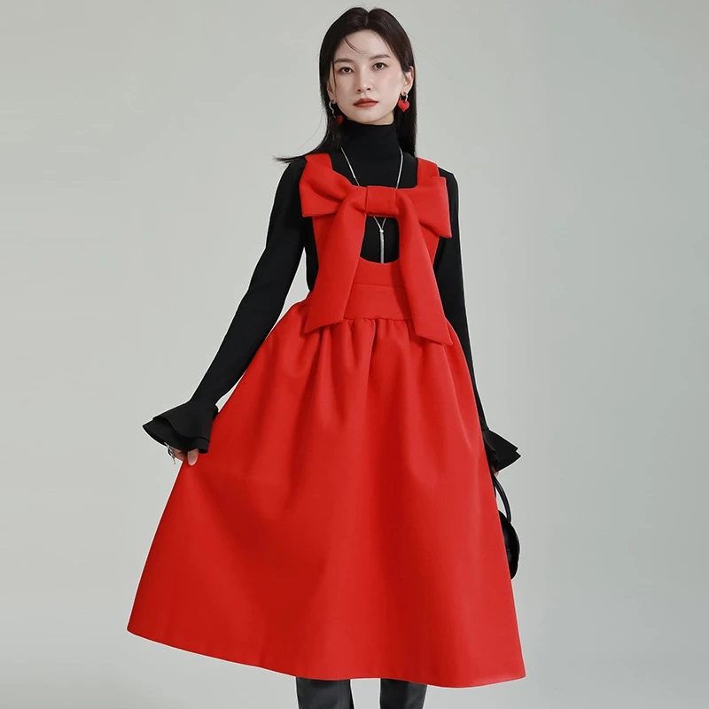 【F.Modern】小众毛呢A字连衣裙宽松显瘦大蝴蝶结背带裙3743