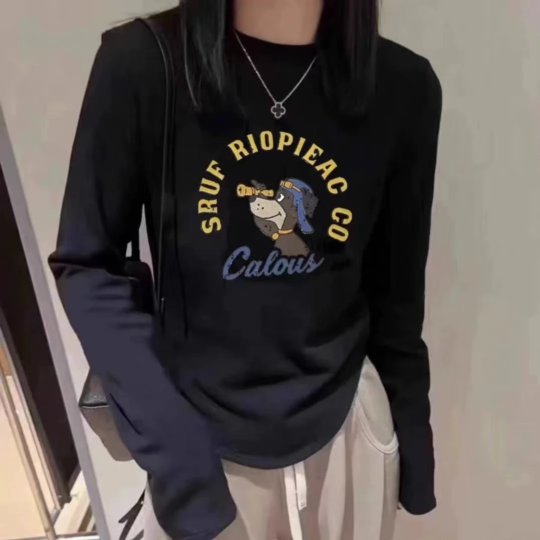 大码韩版德绒圆领长袖t恤女秋冬新款微胖mm宽松显瘦打底内搭上衣