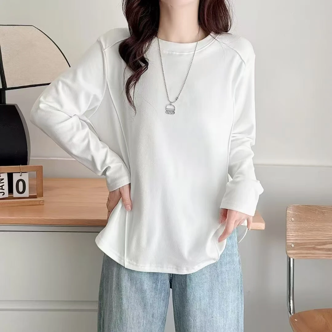 长袖纯色宽松型通勤风女性常规款拼接大码T恤圆领