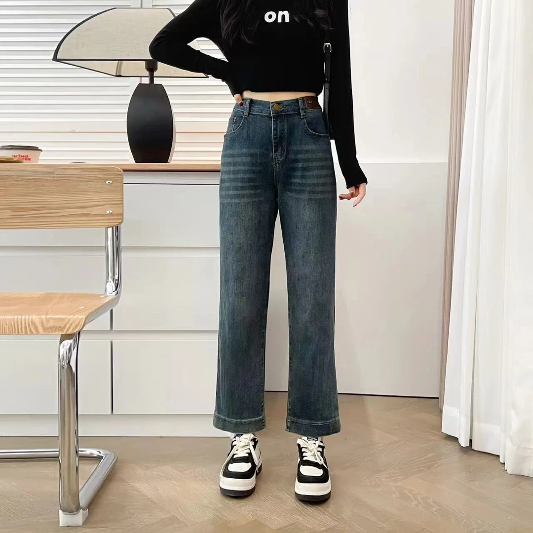 胖妹妹弹力宽松松紧阔腿裤秋季新款复古蓝直筒牛仔裤女大码柔软