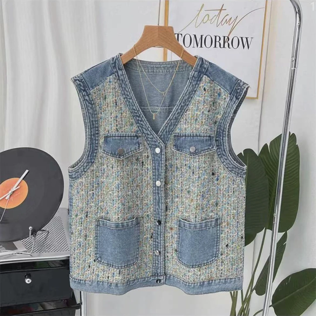 大码牛仔背心马甲女200斤胖mm春新款小香风高级感胖妹妹马夹外穿