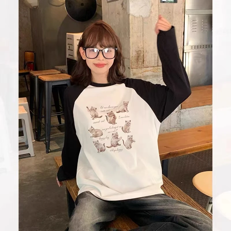 东大门撞色宽松长袖t恤女秋季猫咪印花插肩袖打底衫高级洋气上衣