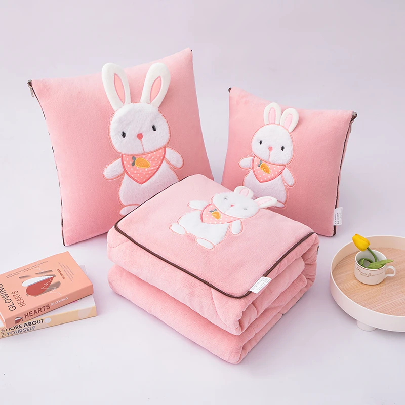 多功能折叠超柔加厚牛奶绒二合一被子萌萌兔两用办公室沙发车载