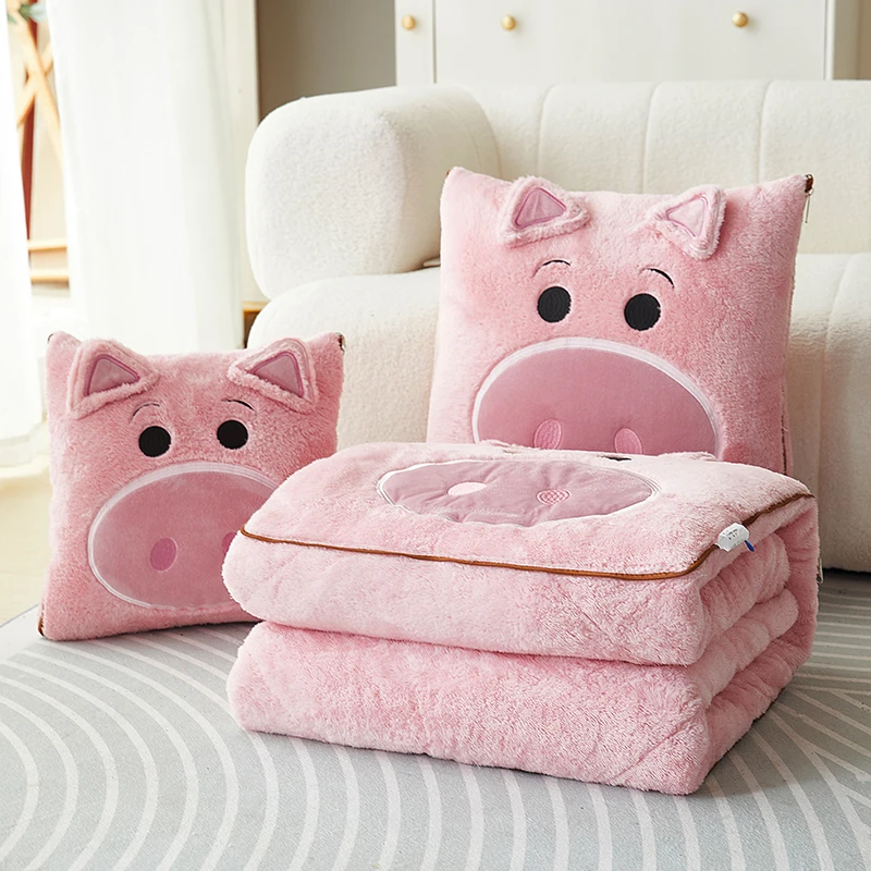 新品双面长绒抱枕被子粉猪猪可折叠多功能两用车载办公室午睡毯