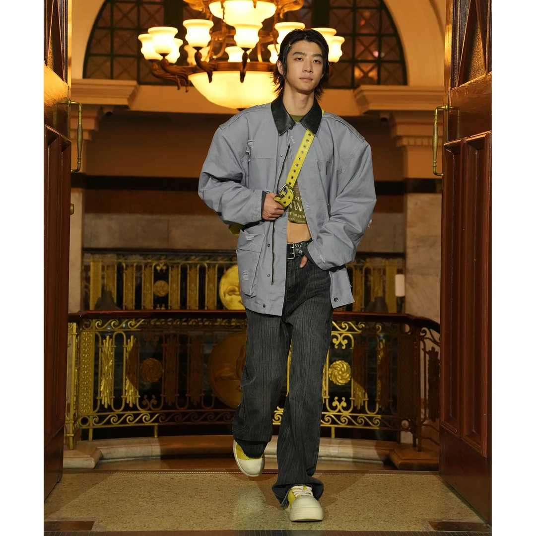 MASONPRINCE 大胆拉比例的做旧水洗竹节微喇牛仔裤男潮牌宽松裤子