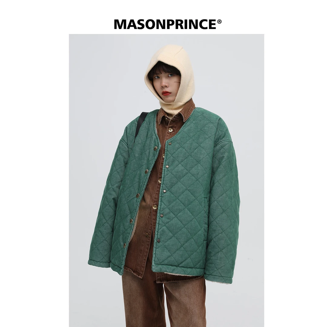 MASONPRINCE 冬季新款绗缝棉服男韩版羊羔毛双面穿保暖加厚外套潮