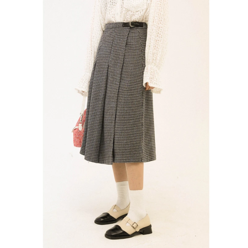 老莫同学复古风腰头五金格子半裙女高级感百褶半身裙【QZ2006】