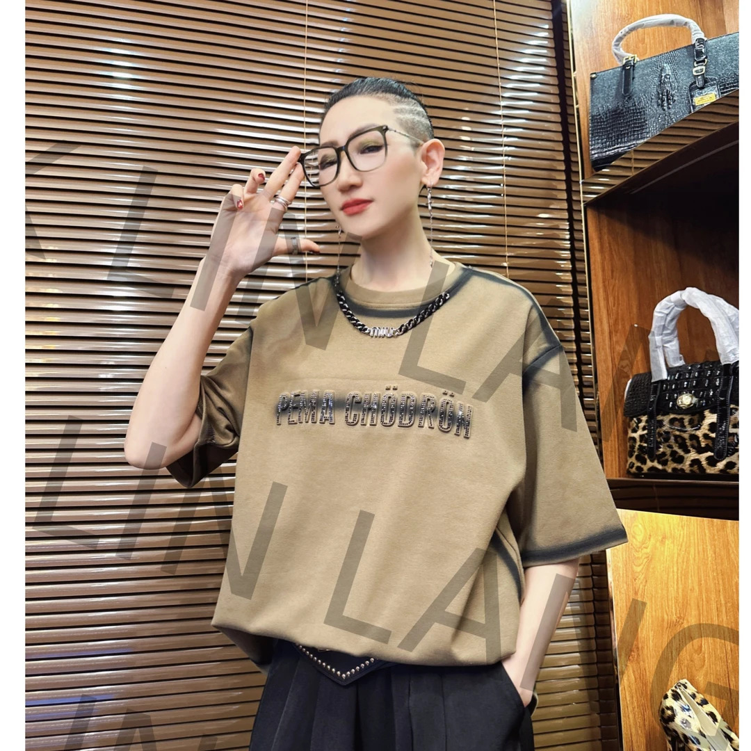 女士时尚简约套头休闲宽松设计师圆领百搭潮流个性重工T恤 B007#