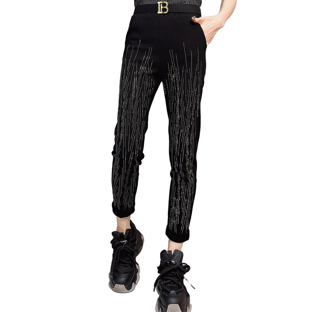 [新款]潮流春秋弹力修身时尚百搭黑色9分裤休闲裤 0175# (无腰带)