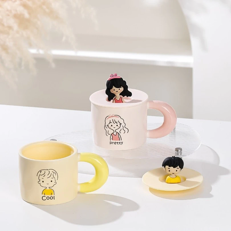 ins韩风卡通简笔女孩马克杯家用陶瓷喝水杯早餐牛奶情侣咖啡水杯