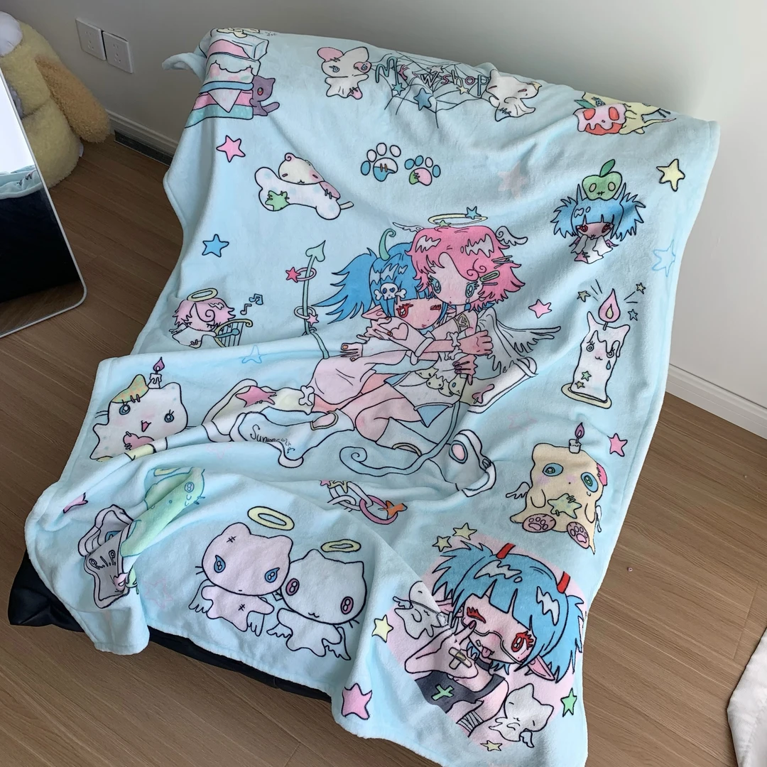 小猫吃不饱X鸟鸟一联名天使恶魔印花双面法兰绒毛毯冬季加厚盖毯