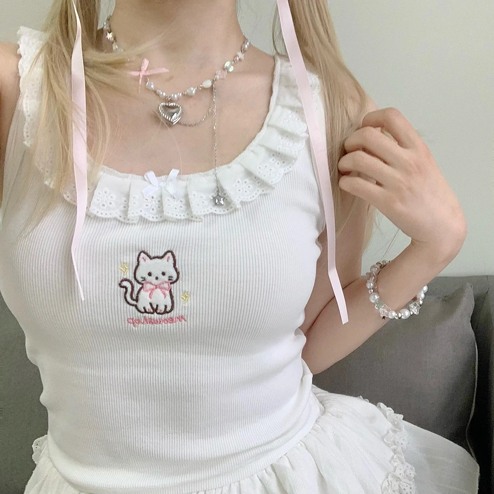 小猫吃不饱原创猫咪刺绣花边吊带蝴蝶结内搭大领口背心