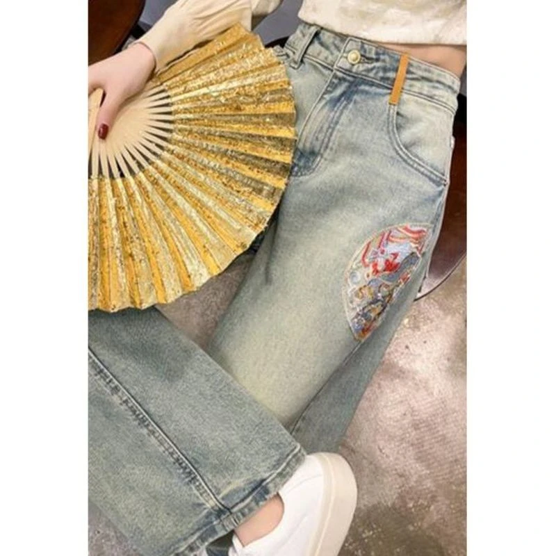 2024年新款高腰直筒牛仔裤女中国风设计感气质早春刺绣窄版阔腿裤