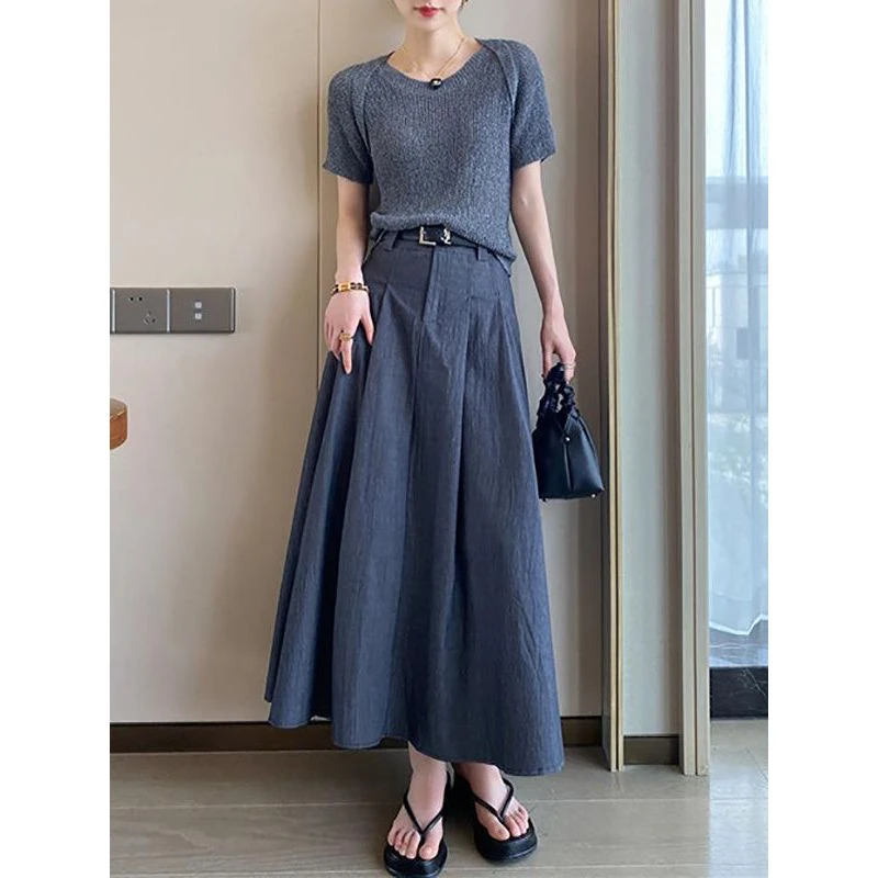 夏装搭配一整套时尚时髦洋气减龄高级感小香风灰色上衣半身裙套装