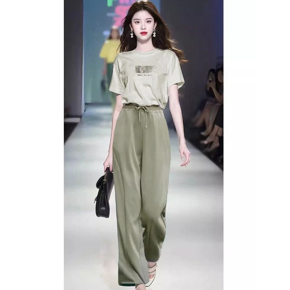 时尚短袖上衣T恤休闲裤套装2024夏季新款女简约宽松通勤气质套装