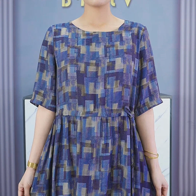 高端气质优雅宽松女装连衣裙女2024夏季新款显瘦遮肉短袖妈妈装