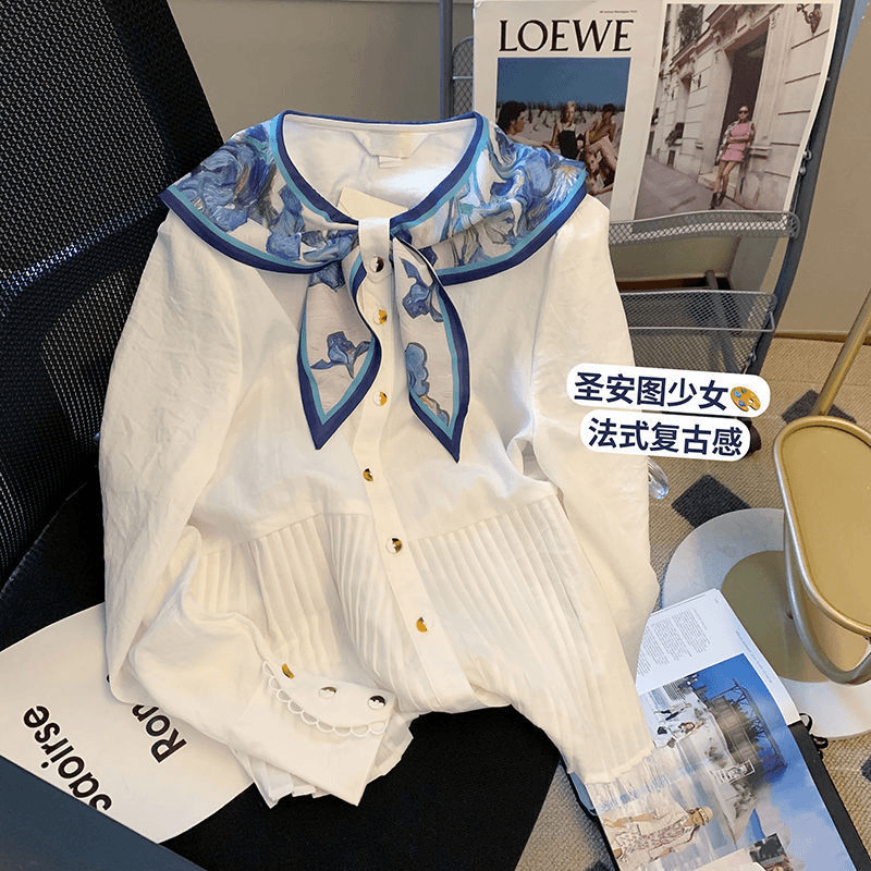 复古白色娃娃领拼接衬衫女2023春秋款法式气质小众别致高级感衬衣
