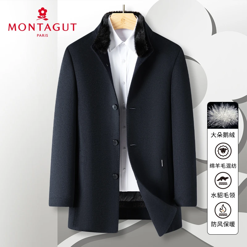 梦特娇冬水貂毛领男立领中长款鹅绒羽绒服毛呢大衣外套J382364017