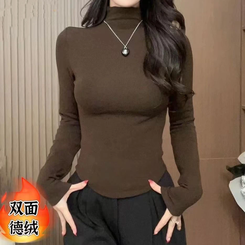 德绒半高领弧形下摆长袖T恤女秋冬百搭气质修身内搭打底上衣