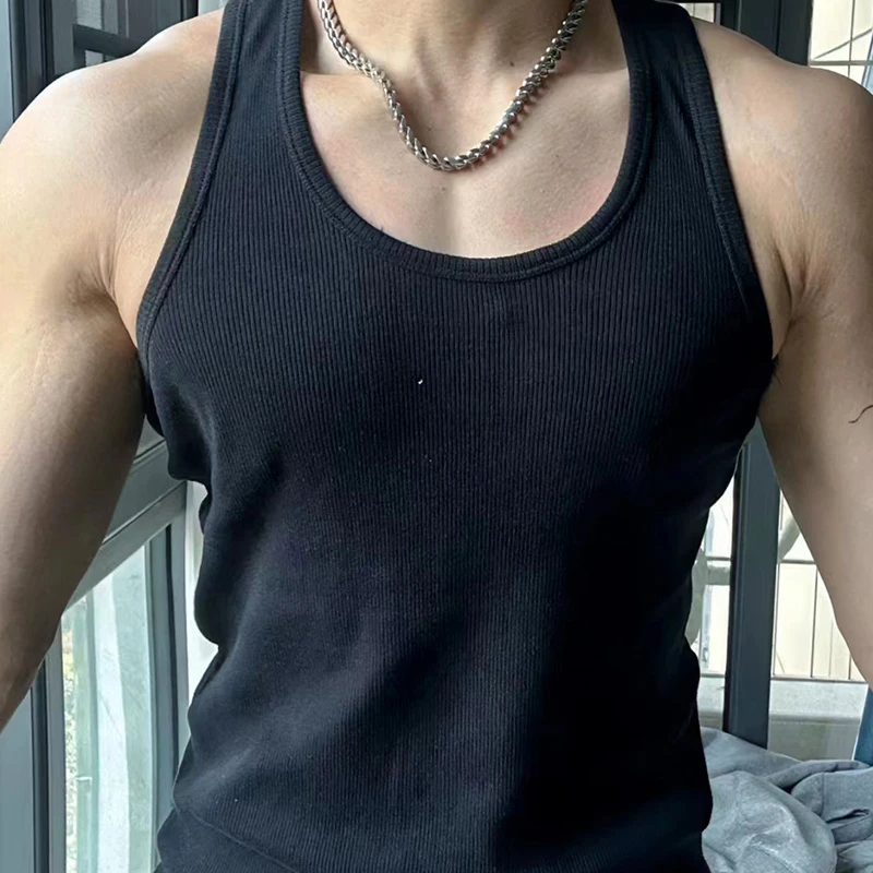 美式粗螺纹百搭黑色男士休闲无袖T恤健身背心速干肌肉训练衣服夏