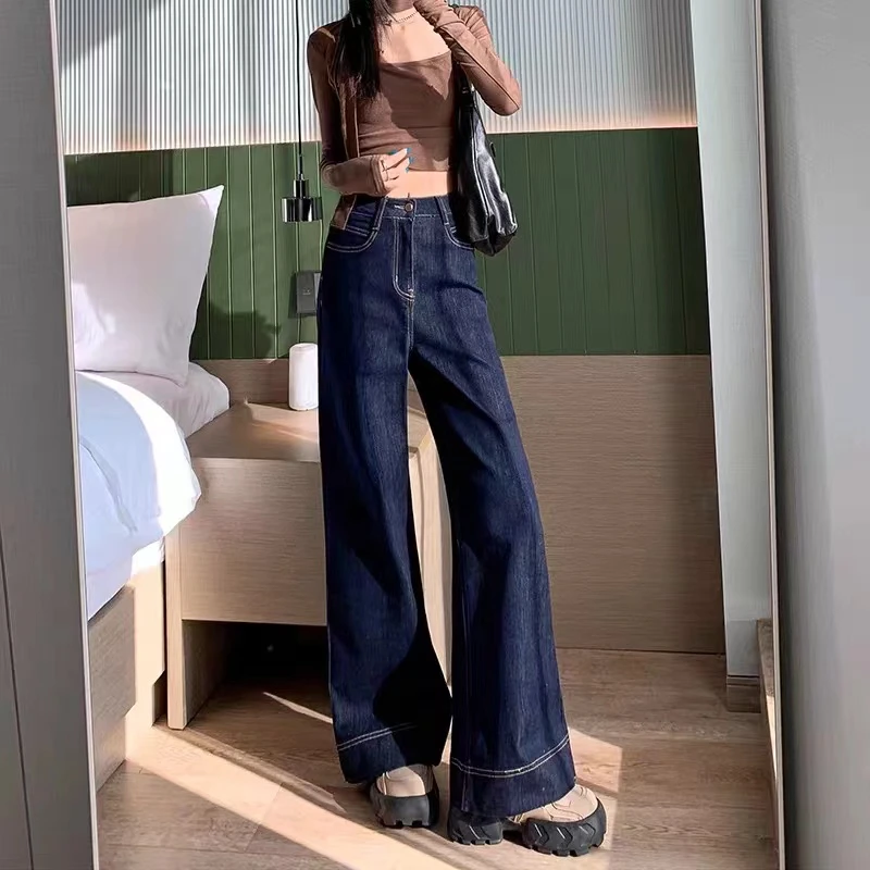 蜗牛家档口新款百搭气质款丹宁色深蓝直筒阔腿牛仔裤6034