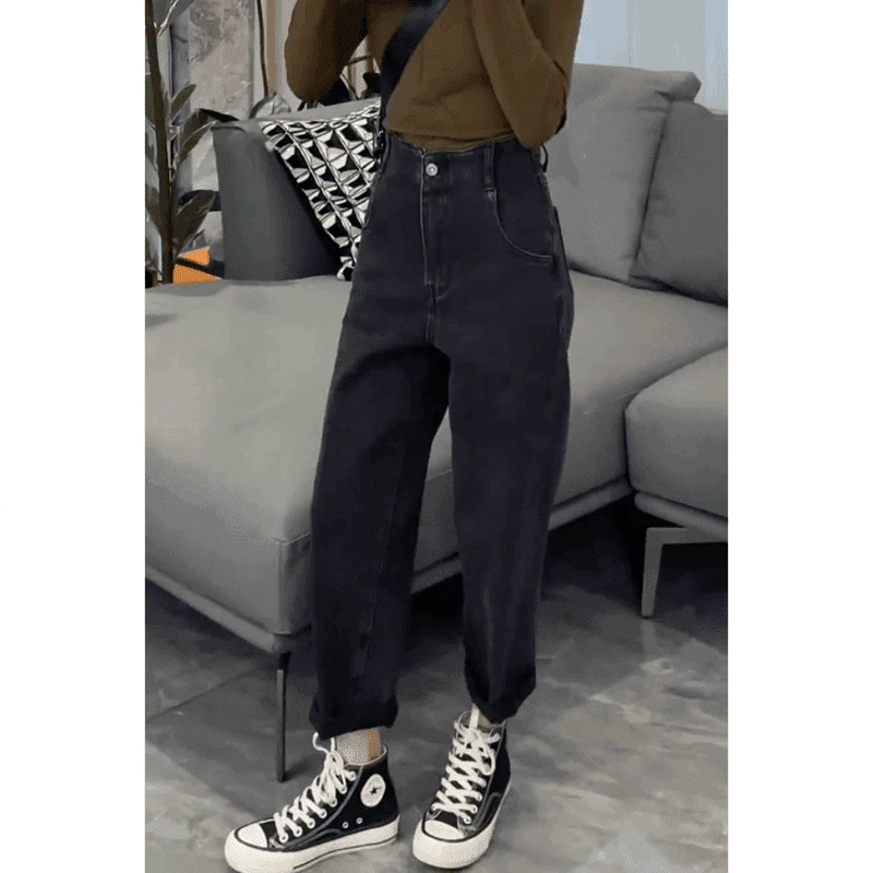 5310雅丹秋季新款黑色小个子高腰显瘦宽松牛仔裤女遮肉哈伦直筒裤