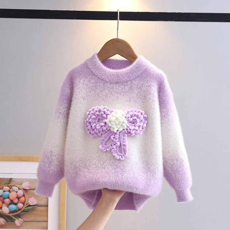 女童水貂绒毛衣秋冬季女宝宝洋气卡通上衣儿童加绒加厚针织打底衫