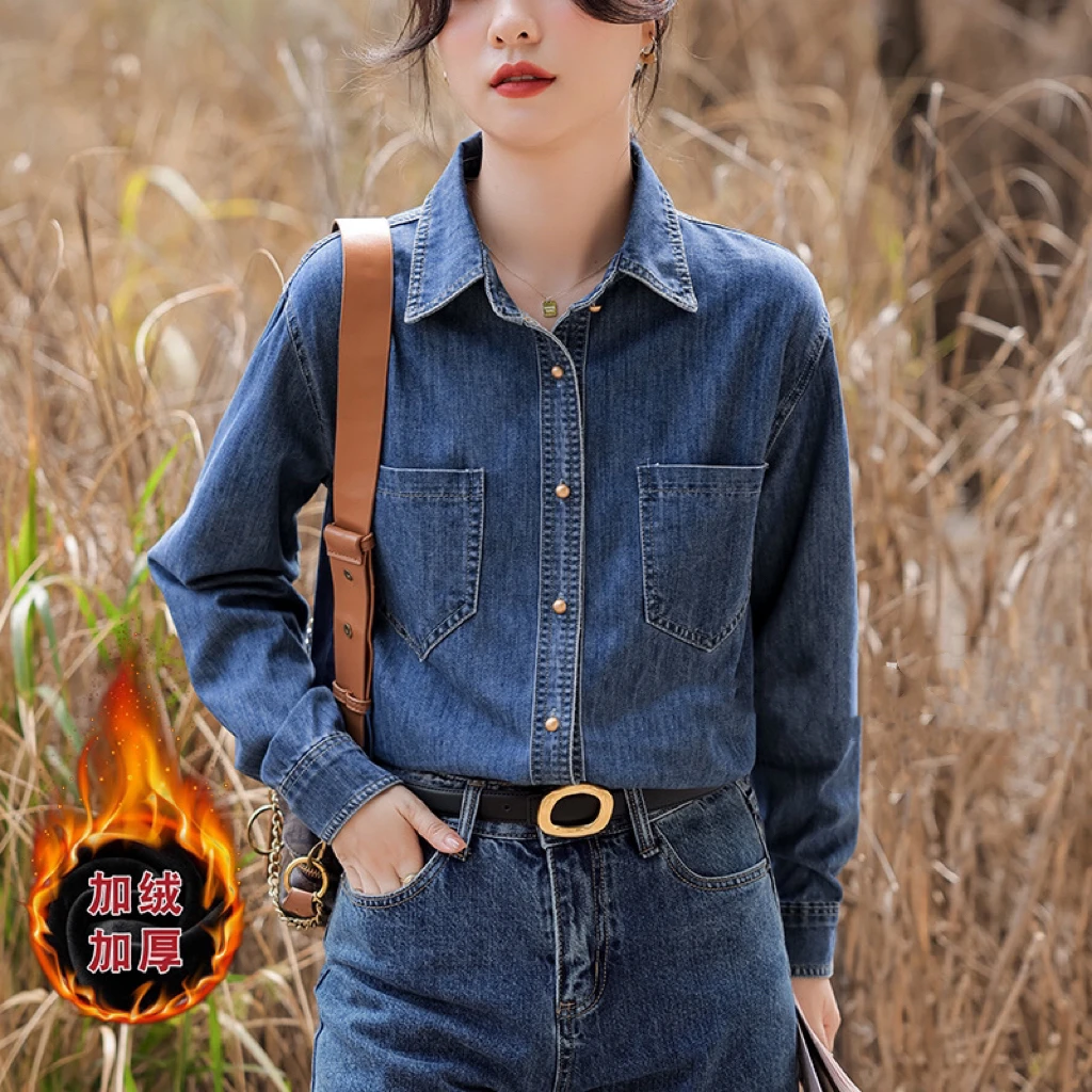 加绒加厚保暖秋冬新款牛仔衬衫女长袖复古港风宽松百搭叠穿