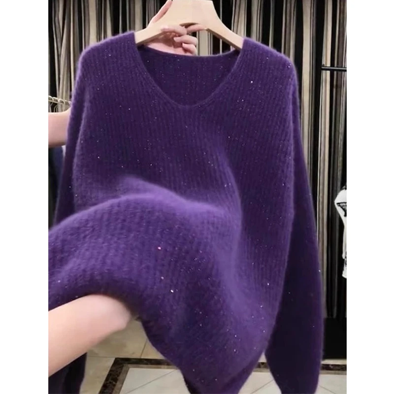 今年流行欧货重工细闪亮片紫色v领毛衣女秋冬新款超好看针织上衣