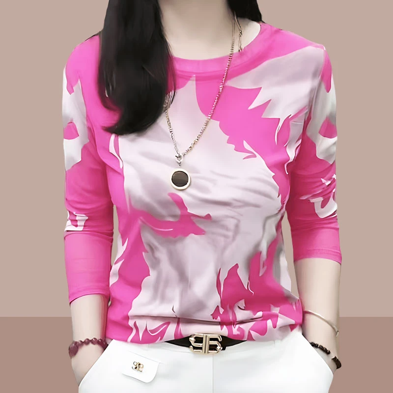 网纱薄款时尚长袖T恤女士秋季打底衫妈妈洋气修身百搭扎染上衣服