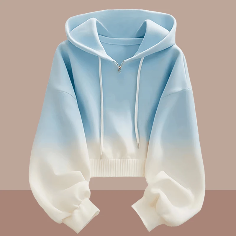 蓝色渐变宽松长袖连帽卫衣2024春秋款韩版时尚纯色短款慵懒风上衣